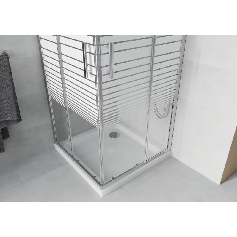 Mexen Rio cabine de douche carrée 90 x 90 cm, bandes blanches, chrome + receveur Flat, blanc - 860-090-090-01-20-4010