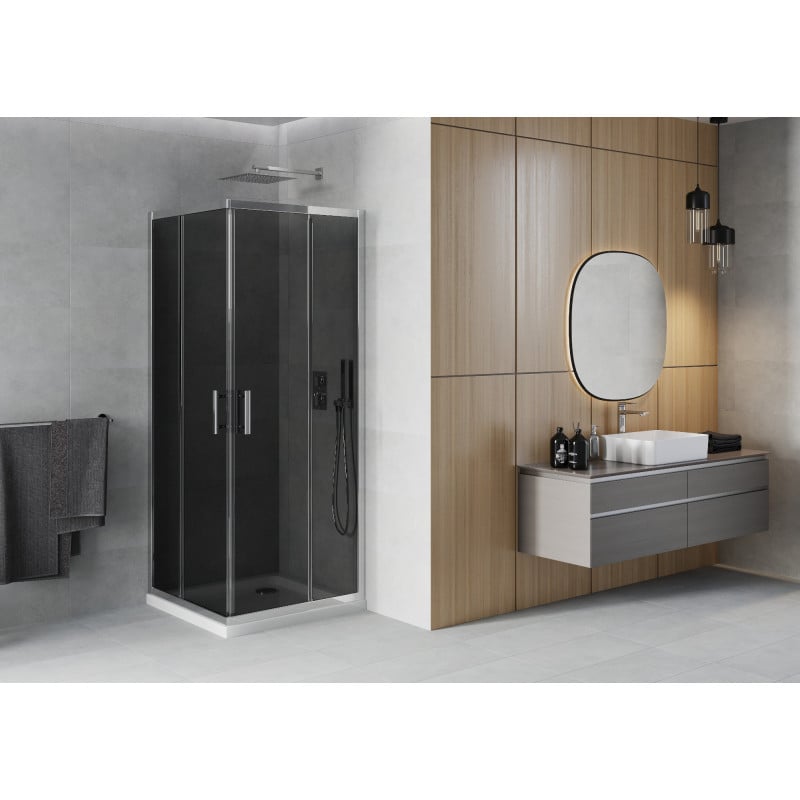 Mexen Rio cabine de douche carrée 80 x 80 cm, graphite, chrome + receveur Flat, blanc - 860-080-080-01-40-4010