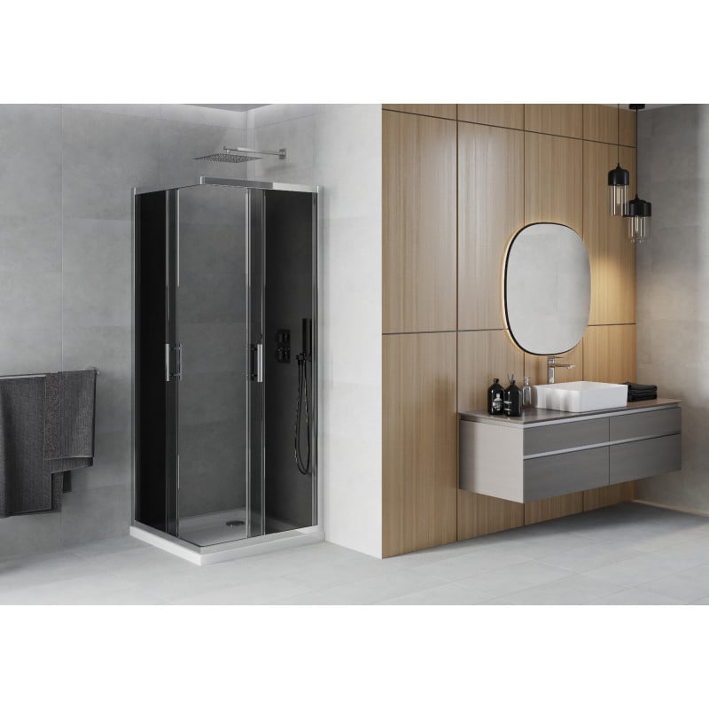 Mexen Rio cabine de douche carrée 80 x 80 cm, graphite, chrome + receveur Flat, blanc - 860-080-080-01-40-4010