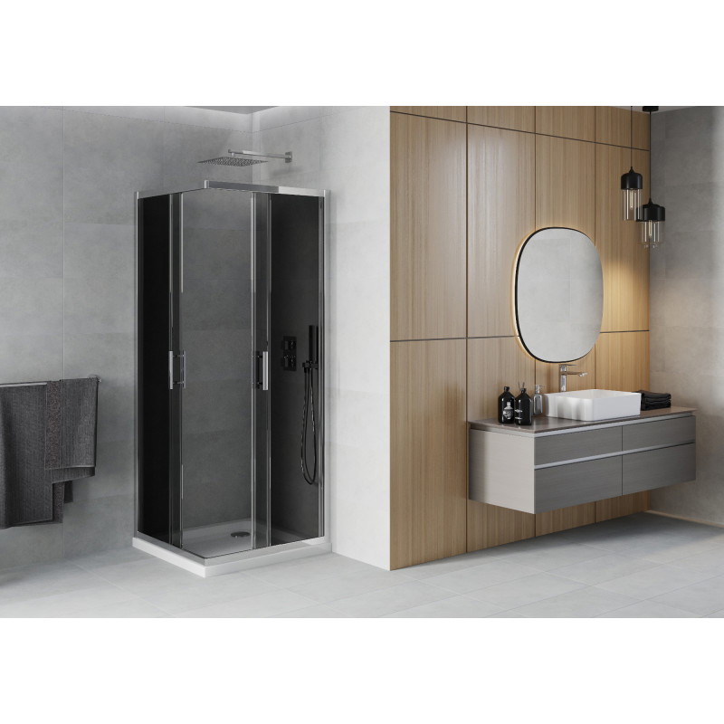 Mexen Rio cabine de douche carrée 90 x 90 cm, graphite, chromé + receveur Flat, blanc - 860-090-090-01-40-4010