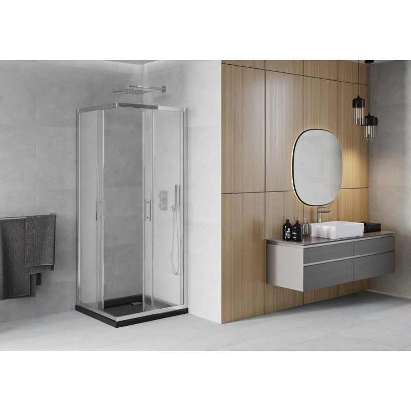 Mexen Rio cabine de douche carrée 80 x 80 cm, givrée, chrome + receveur Flat, noir - 860-080-080-01-30-4070