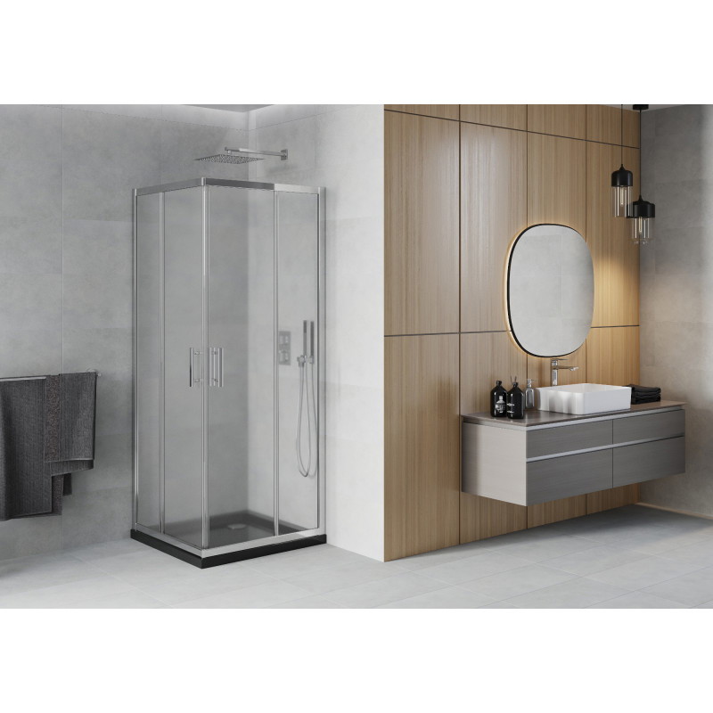 Mexen Rio cabine de douche carrée 90 x 90 cm, givre, chrome + receveur Flat, noir - 860-090-090-01-30-4070