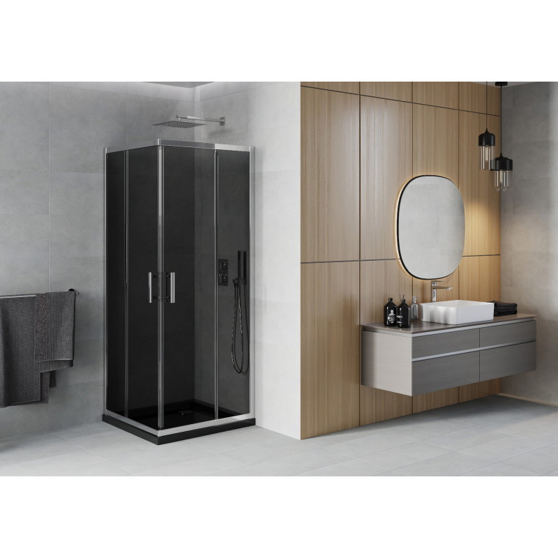 Mexen Rio cabine de douche carrée 90 x 90 cm, graphite, chrome + receveur Flat, noir - 860-090-090-01-40-4070