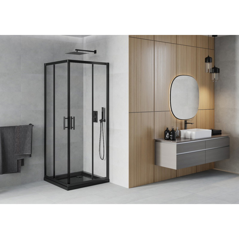 Mexen Rio cabine de douche carrée 90 x 90 cm, transparente, noire + receveur Flat, noir - 860-090-090-70-00-4070B