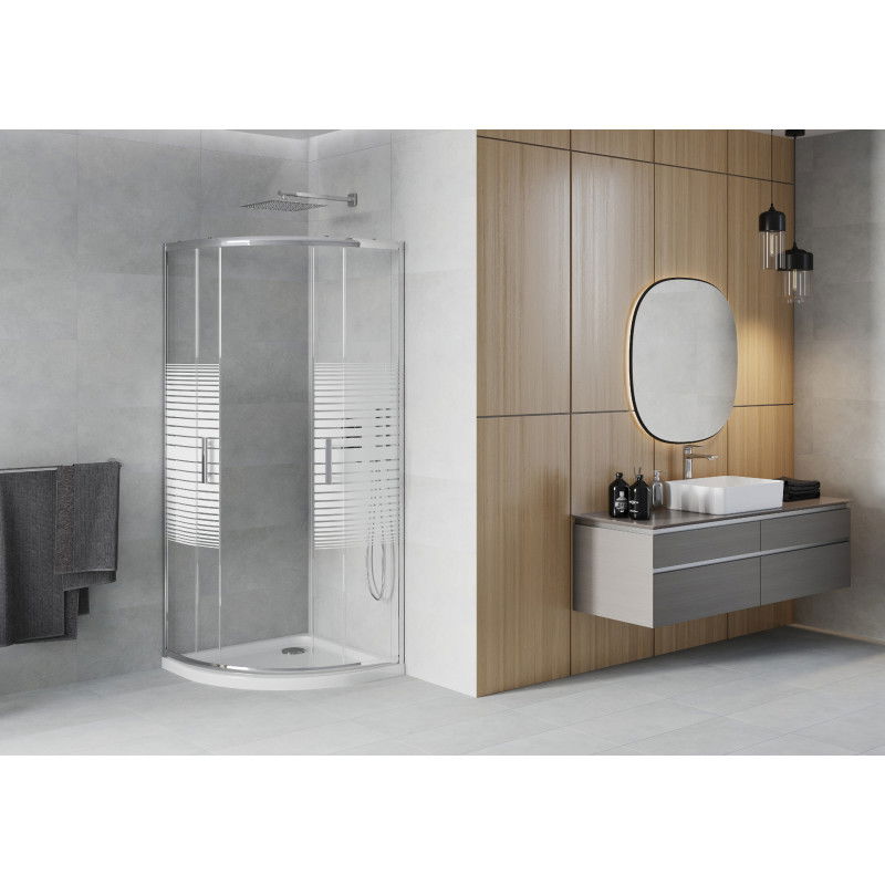 Mexen Rio cabine de douche semi-circulaire 80 x 80 cm, rayures blanches, chrome + receveur Flat, blanc - 863-080-080-01-20-4110
