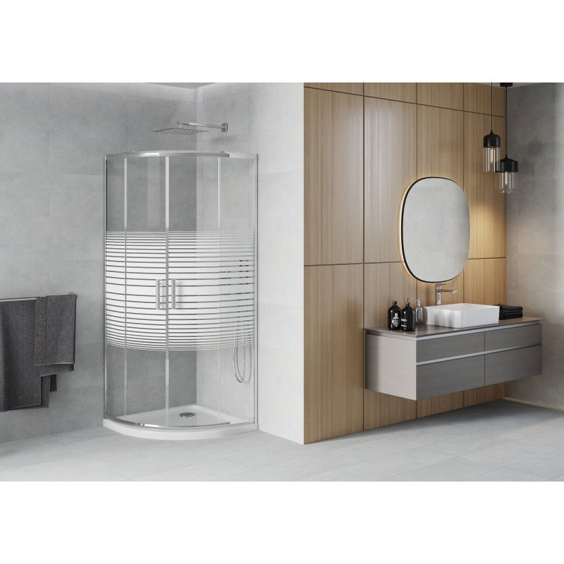Mexen Rio cabine de douche semi-circulaire 80 x 80 cm, rayures blanches, chrome + receveur Flat, blanc - 863-080-080-01-20-4110