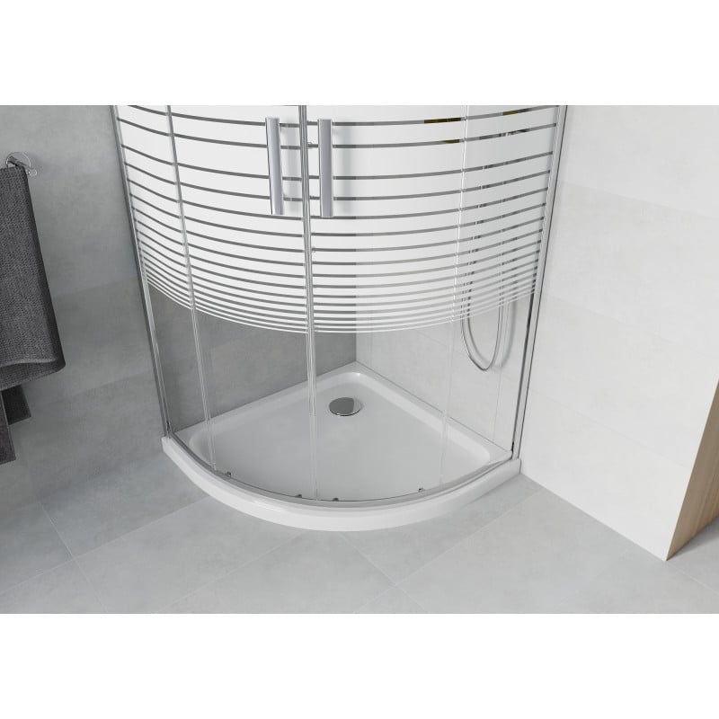 Mexen Rio cabine de douche semi-circulaire 90 x 90 cm, bandes blanches, chrome + receveur Flat, blanc - 863-090-090-01-20-4110