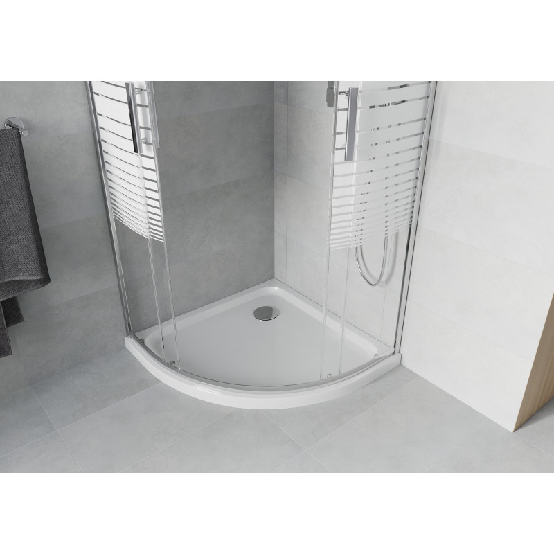 Mexen Rio cabine de douche semi-circulaire 90 x 90 cm, bandes blanches, chrome + receveur Flat, blanc - 863-090-090-01-20-4110