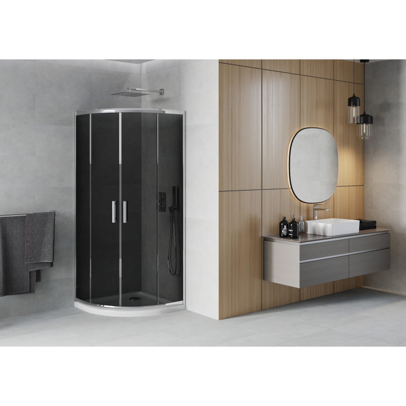 Mexen Rio cabine de douche semi-circulaire 90 x 90 cm, graphite, chrome + receveur Flat, blanc - 863-090-090-01-40-4110