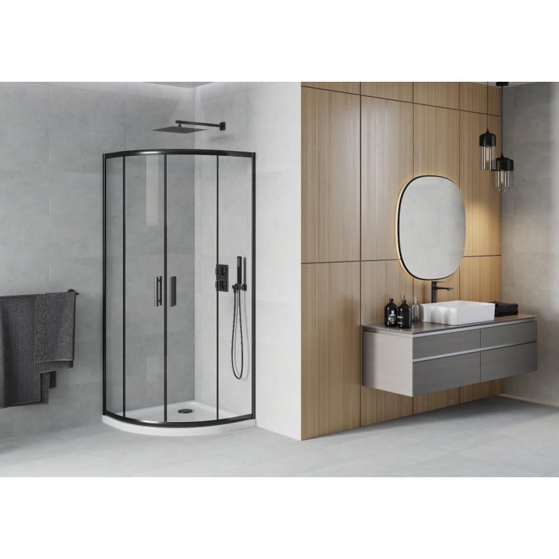 Mexen Rio cabine de douche semi-circulaire 90 x 90 cm, transparente, noire + receveur Flat, blanc - 863-090-090-70-00-4110B