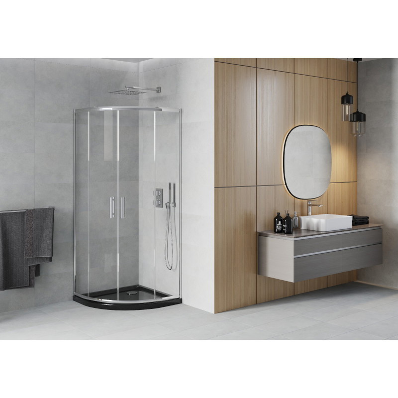 Mexen Rio cabine de douche semi-circulaire 80 x 80 cm, transparente, chrome + receveur Flat, noir - 863-080-080-01-00-4170