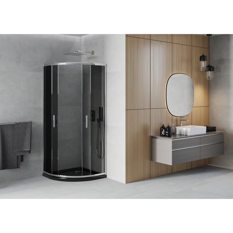 Mexen Rio cabine de douche semi-circulaire 80 x 80 cm, graphite, chrome + receveur Flat, noir - 863-080-080-01-40-4170