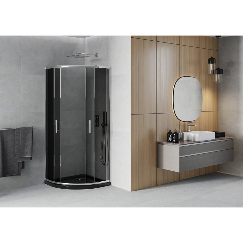 Mexen Rio cabine de douche semi-circulaire 90 x 90 cm, graphite, chrome + receveur Flat, noir - 863-090-090-01-40-4170