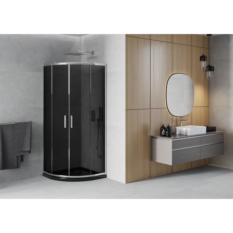 Mexen Rio cabine de douche semi-circulaire 90 x 90 cm, graphite, chrome + receveur Flat, noir - 863-090-090-01-40-4170