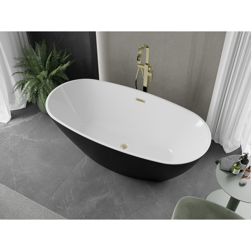 Mexen Eris baignoire autoportante 180 x 95 cm, blanche/noire, trop-plein or brossé - 53441809575-55