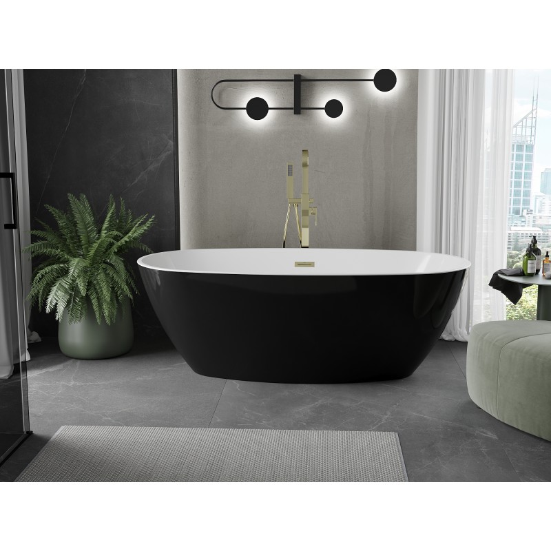 Mexen Eris baignoire autoportante 180 x 95 cm, blanche/noire, trop-plein or brossé - 53441809575-55