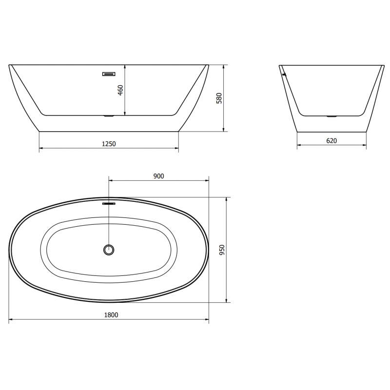 Mexen Eris baignoire autoportante 180 x 95 cm, blanc/noir, trop-plein or rose - 53441809575-60