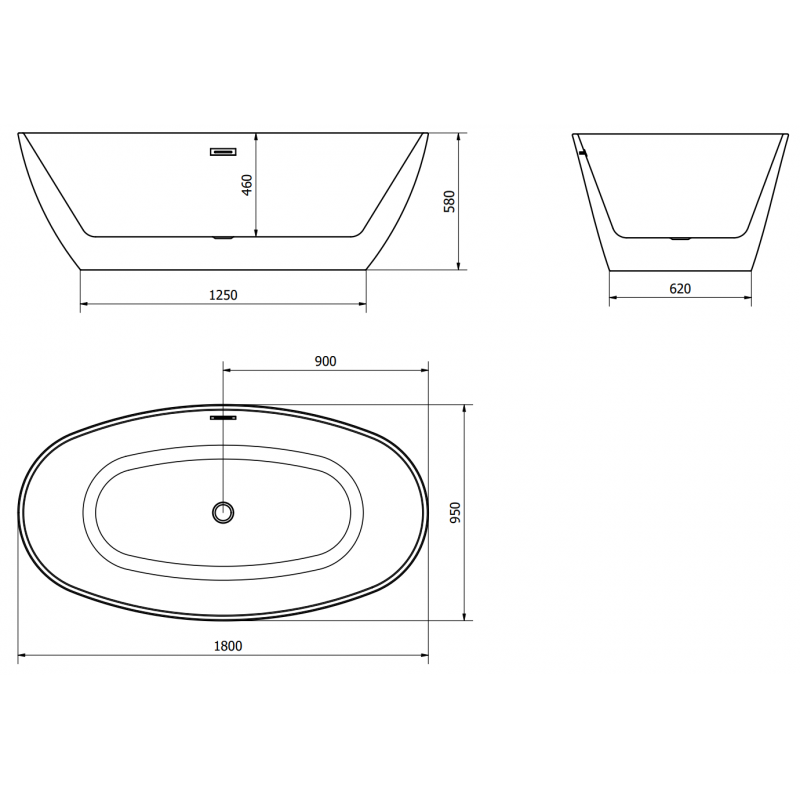 Mexen Eris baignoire autoportante 180 x 95 cm, blanc/noir, trop-plein gun gray brossé - 53441809575-66