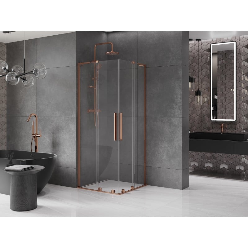 Mexen Velar L Duo cabine de douche coulissante 90 x 90 cm, transparent, or rose - 871-090-090-02-03-60