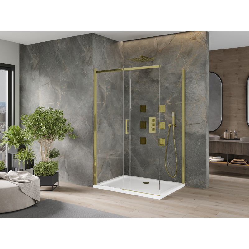 Mexen Omega cabine de douche coulissante 130 x 90 cm, transparente, dorée + receveur Flat - 825-130-090-50-00-4010