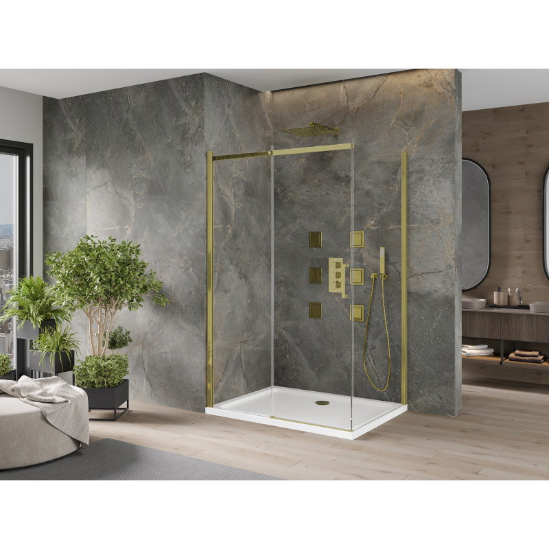 Mexen Omega cabine de douche coulissante 130 x 90 cm, transparente, dorée + receveur Flat - 825-130-090-50-00-4010