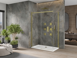Cabine de douche coulissante Mexen Omega 140 x 70 cm, transparente, or + receveur Flat - 825-140-070-50-00-4010