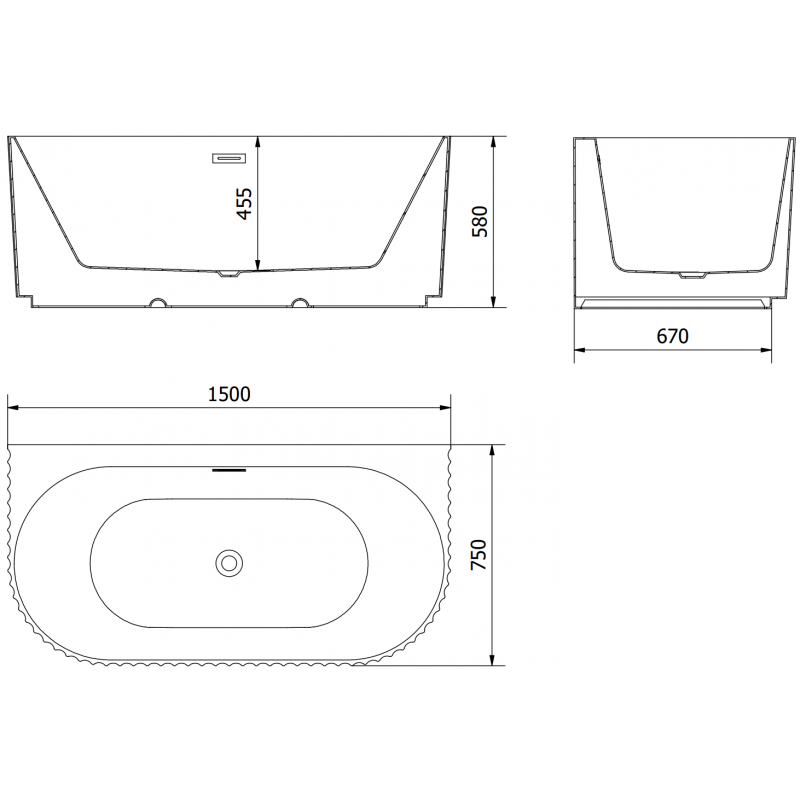 Mexen Sella baignoire autoportante adossée cannelée 150 x 75 cm, blanc mat, trop-plein cuivre brossé - 52711507501-65