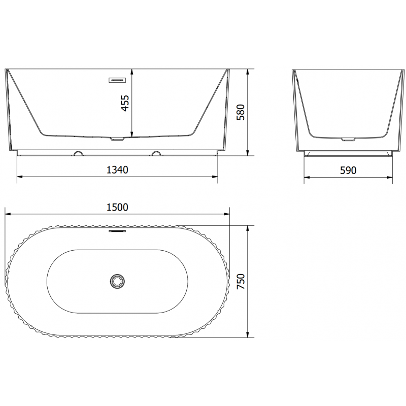 Mexen Paola baignoire autoportante rainurée 150 x 75 cm, noir mat, trop-plein or rose - 52721507571-60