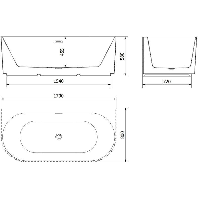 Mexen Sella baignoire autoportante contre le mur rainurée 170 x 80 cm, blanc mat, trop-plein nickel brossé - 52711708001-97
