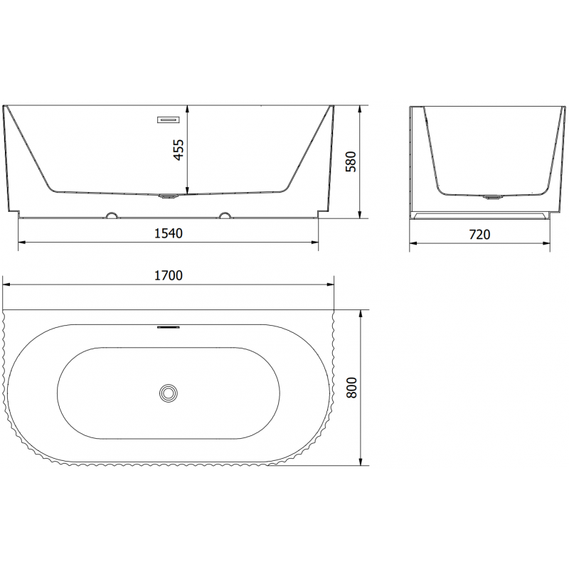 Mexen Sella baignoire autoportante murale cannelée 170 x 80 cm, blanc mat, trop-plein en nickel brossé - 52711708001-97
