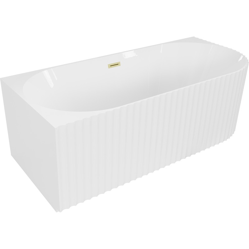 Mexen Gia baignoire autoportante d'angle rainurée gauche 150 x 75 cm, blanc brillant, trop-plein doré brossé