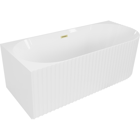 Mexen Gia baignoire autoportante d'angle rainurée gauche 150 x 75 cm, blanc brillant, trop-plein doré brossé
