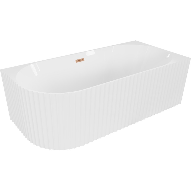 Mexen Gia baignoire autoportante d'angle rainurée droite 150 x 75 cm, blanc brillant, trop-plein en cuivre brossé