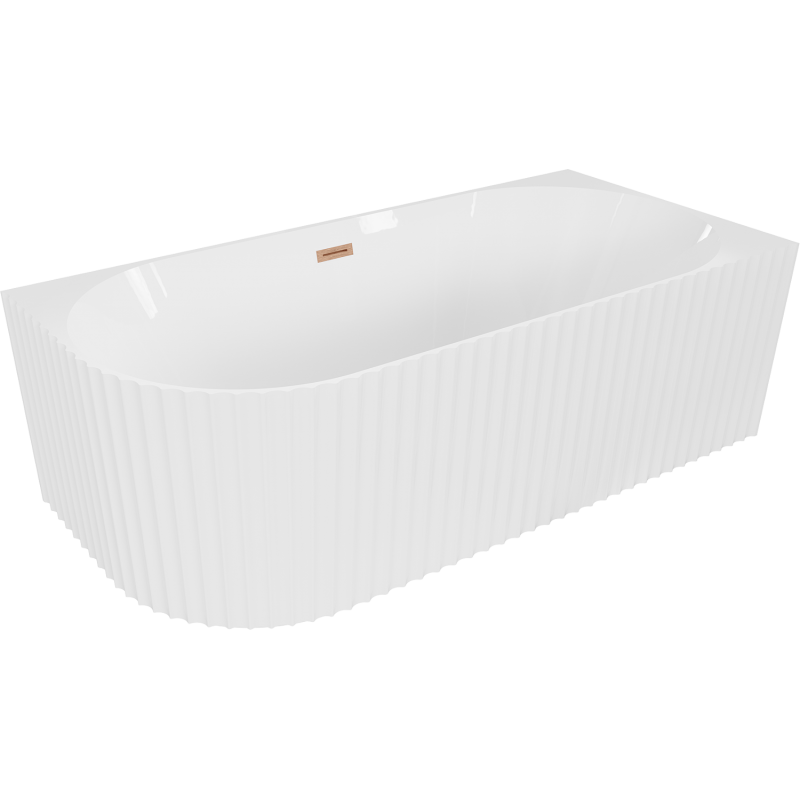 Mexen Gia baignoire îlot d'angle côtelée droite 150 x 75 cm, blanc brillant, trop-plein cuivre brossé - 52701507500P-65