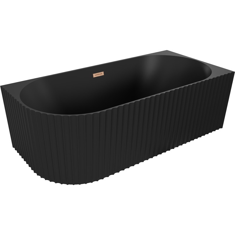 Mexen Gia baignoire autoportante d'angle à surface rainurée droite 170 x 80 cm, noir mat, trop-plein en cuivre brossé
