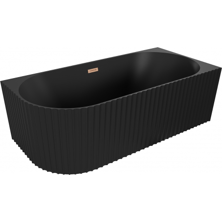 Mexen Gia baignoire autoportante d'angle à surface rainurée droite 170 x 80 cm, noir mat, trop-plein en cuivre brossé