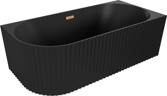 Mexen Gia baignoire autoportante d'angle à surface rainurée droite 170 x 80 cm, noir mat, trop-plein en cuivre brossé