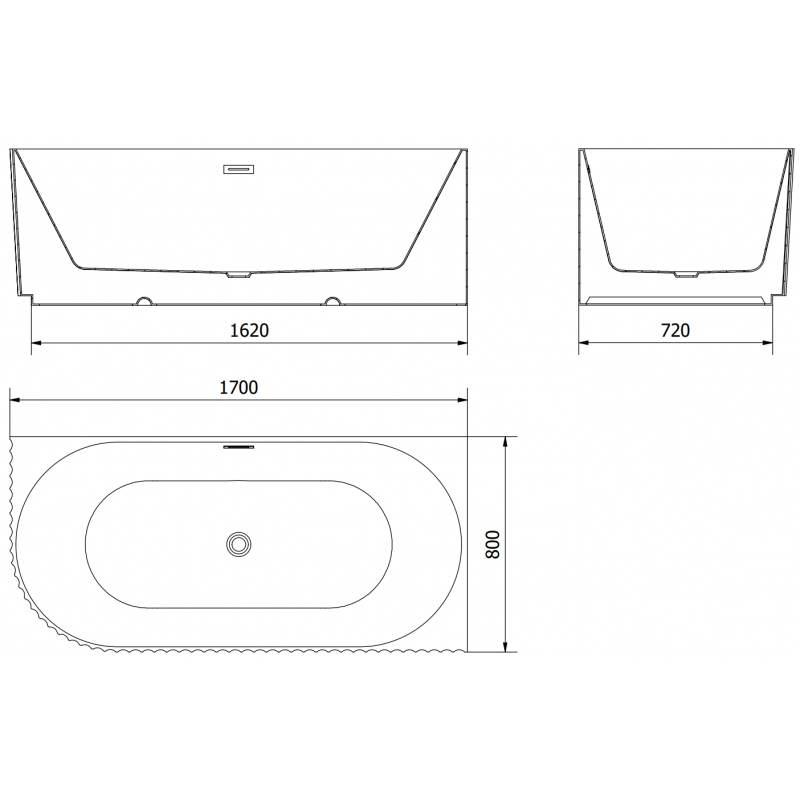 Mexen Gia baignoire autoportante d'angle rainurée droite 170 x 80 cm, noir mat, trop-plein en nickel brossé - 52701708071P-97