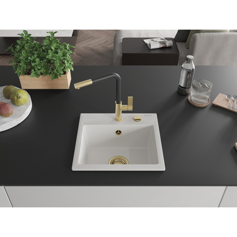 Mexen Milo évier en granit 1 bac avec robinet de cuisine Flora, blanc - 6505-20-670401-57-G