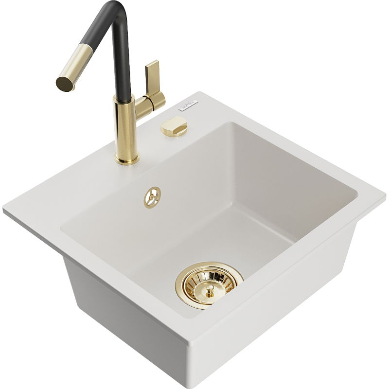 Mexen Milo évier en granit 1 bac avec robinet de cuisine Flora, blanc - 6505-20-670401-57-G