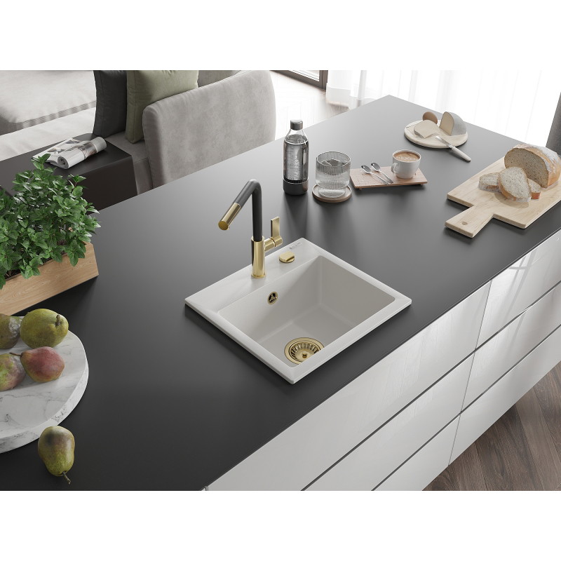 Mexen Milo évier en granit 1 bac avec robinet de cuisine Flora, blanc - 6505-20-670401-57-G