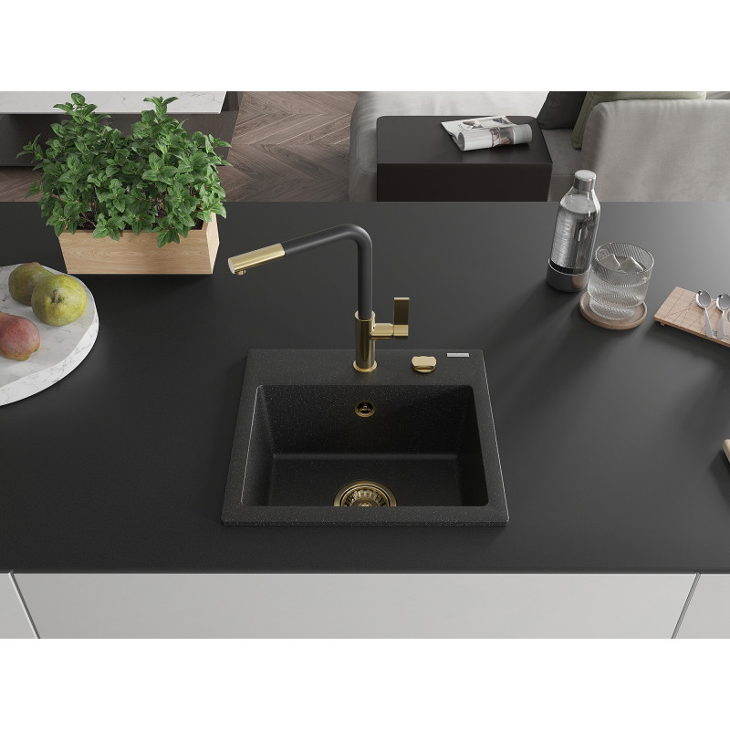 Mexen Milo évier en granit 1 bac avec robinet de cuisine Flora, noir/argent métallisé - 6505-73-670401-57-G