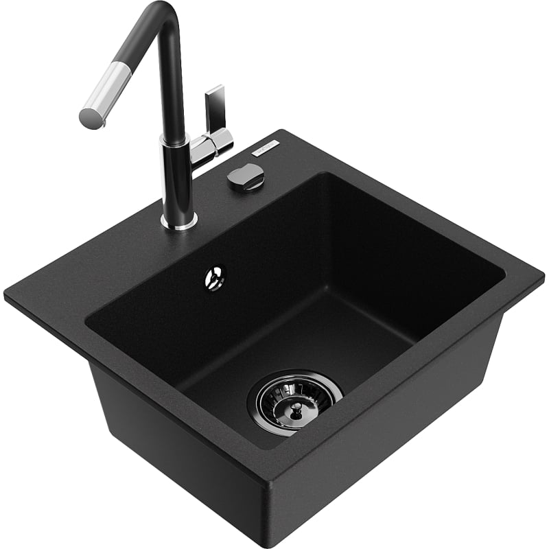 Mexen Milo évier en granit 1 bac avec robinet de cuisine Flora, noir - 6505-77-670401-07-B
