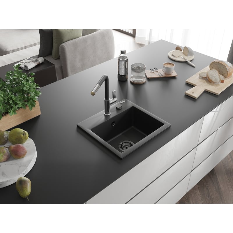 Mexen Milo évier en granit 1 bac avec robinet de cuisine Flora, noir - 6505-77-670401-07-B