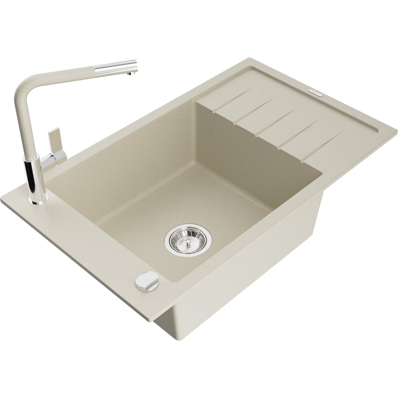 Mexen Elias évier en granit 1 bac avec égouttoir et robinet de cuisine Flora, beige - 6511-69-670401-09