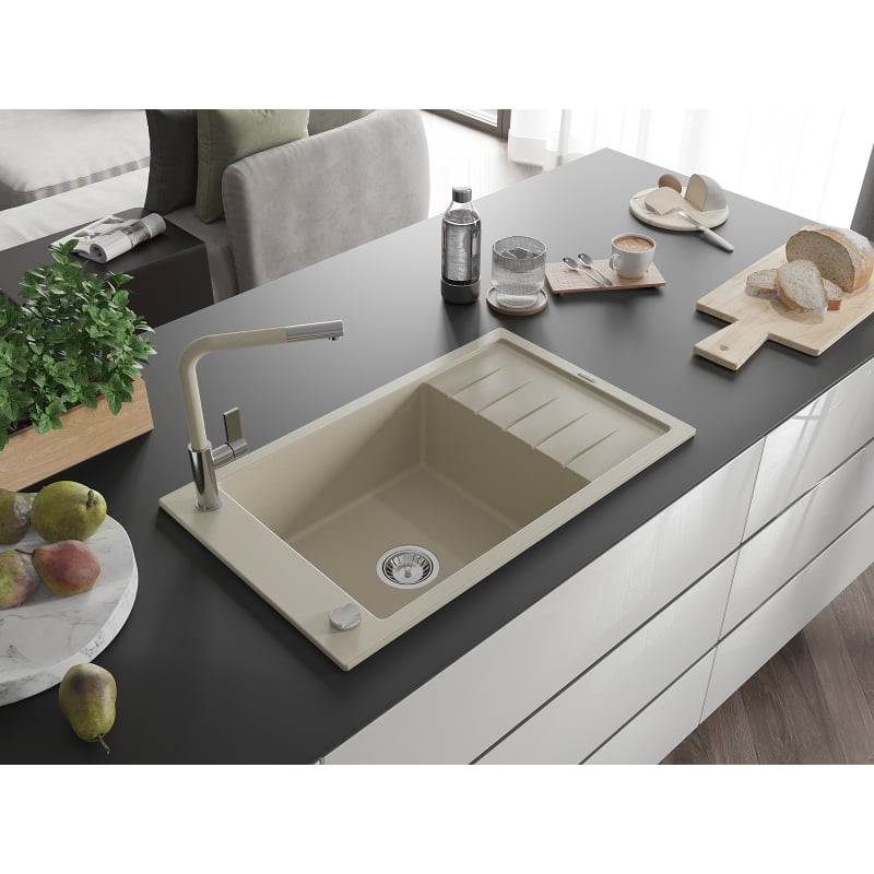 Mexen Elias évier en granit 1 bac avec égouttoir et robinet de cuisine Flora, beige - 6511-69-670401-09