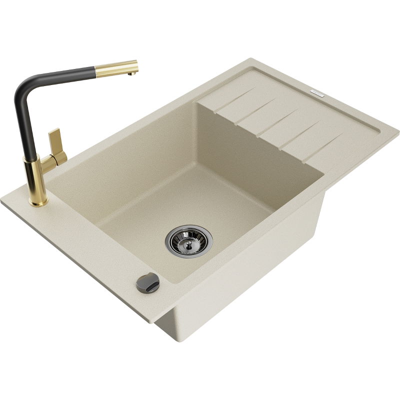 Mexen Elias évier en granit 1 bassin avec égouttoir et robinet de cuisine Flora, beige - 6511-69-670401-57-B