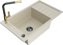 Mexen Elias évier en granit 1 bassin avec égouttoir et robinet de cuisine Flora, beige - 6511-69-670401-57-B