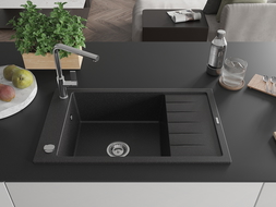 Mexen Elias évier en granit 1 bac avec égouttoir et robinet de cuisine Flora, noir/métallisé argenté - 6511-73-670401-00
