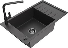 Mexen Elias évier de cuisine en granit 1 bac avec égouttoir et robinet de cuisine Flora, noir moucheté - 6511-76-670401-70-B